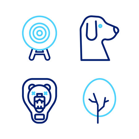 Set line Tree Bear head on shield Dog and Target sport icon. Vector.のイラスト素材