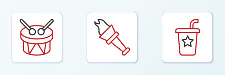 Set line Paper glass with straw Drum and drum sticks and Torch flame icon. Vector.のイラスト素材