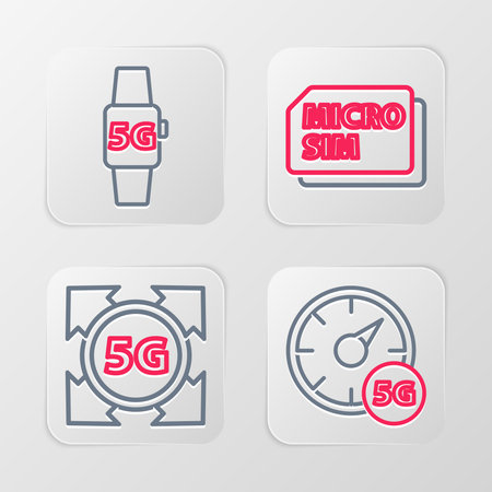 Set line Digital speed meter 5G network Micro Sim Card and Smart watch icon. Vector.のイラスト素材