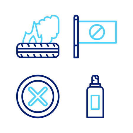Set line Paint spray can X Mark Cross circle Protest and Lying burning tires icon. Vector.のイラスト素材