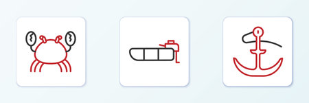 Set line Anchor Crab and Inflatable boat with motor icon. Vector.のイラスト素材