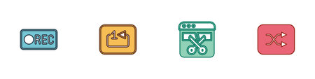 Set Record button, Repeat track music player, Video recorder editor and Arrow shuffle icon. Vector.のイラスト素材