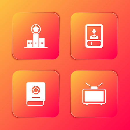 Set Award over sports winner podium, Football soccer card, learning book and match on TV icon. Vector.のイラスト素材