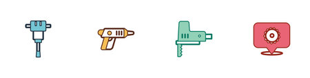 Set Construction jackhammer, Electric cordless screwdriver, jigsaw and Circular blade icon. Vector.のイラスト素材