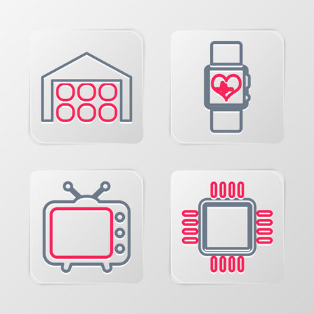 Set line Processor with CPU Television tv Smart watch heart beat rate and Warehouse icon. Vector.のイラスト素材