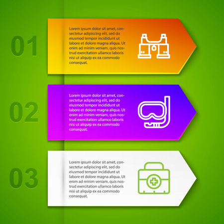 Set line Binoculars Diving mask and snorkel and First aid kit. Business infographic template. Vector.のイラスト素材