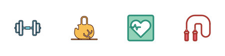 Set Dumbbell, Broken weight, Heart rate and Jump rope icon. Vector.のイラスト素材