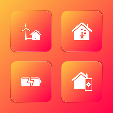 Set House with wind turbine, temperature, Battery and Smart home remote control system icon. Vector.のイラスト素材