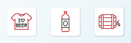 Set line Wooden barrel on rack Beer T-shirt and Plastic beer bottle icon. Vector.のイラスト素材