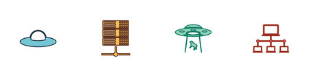 Set UFO flying spaceship, Server, Data, Web Hosting, abducts cow and Computer network icon. Vector.のイラスト素材