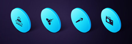 Set Isometric Photo camera Paint brush Dart arrow and Pyramid toy icon. Vector.のイラスト素材