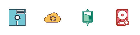 Set Floppy disk in the 5.25-inch, Cloud sync refresh, IV bag and Hard drive HDD icon. Vector.のイラスト素材