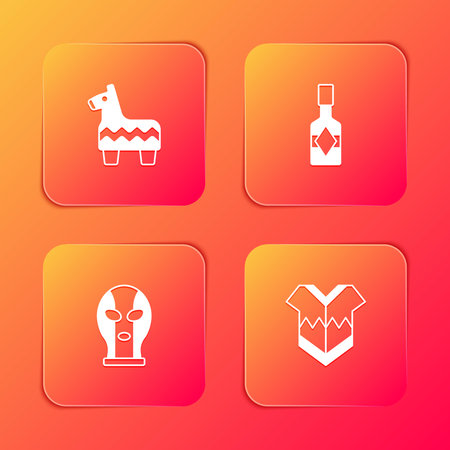 Set Pinata, Tabasco sauce, Mexican wrestler and Poncho icon. Vector.のイラスト素材