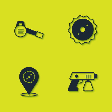 Set Leaf garden blower, Paint spray gun, Circular saw blade and icon. Vector.のイラスト素材