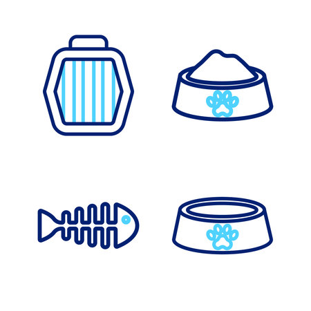 Set line Pet food bowl Fish skeleton and carry case icon. Vector.のイラスト素材