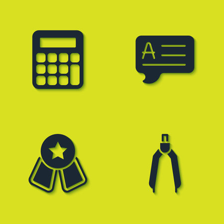 Set Calculator Drawing compass Medal with star and Speech bubbles Answer icon. Vector.のイラスト素材