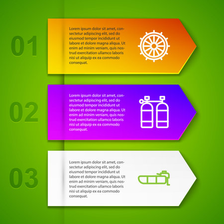 Set line Ship steering wheel Aqualung and Inflatable boat with motor. Business infographic template. Vector.のイラスト素材