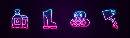 Set line Pack full of seeds of plant, Waterproof rubber boot, Roll hay and Watering can. Glowing neon icon. Vector.のイラスト素材