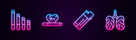 Set line Smoking cigarette, Heart disease with smoking, Lighter and Disease lungs. Glowing neon icon. Vector.のイラスト素材