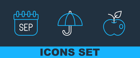 Set line Apple September calendar autumn and Umbrella icon. Vector.のイラスト素材