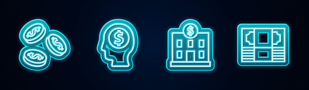 Set line Coin money with dollar, Business man planning mind, Bank building and Stacks paper cash. Glowing neon icon. Vector.のイラスト素材