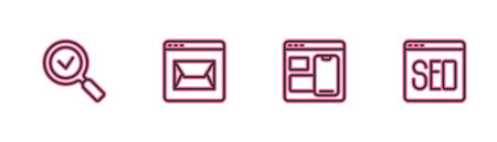 Set line Magnifying glass with check mark Web developer programming code Website and mail and SEO optimization icon. Vector.のイラスト素材