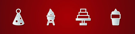 Set Party hat, Barbecue grill, Cake and Ice cream in waffle cone icon. Vector.のイラスト素材