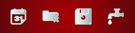 Set Calendar, Delete folder, Floppy disk and Water tap icon. Vector.のイラスト素材
