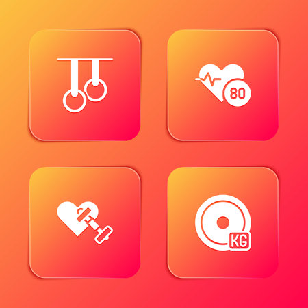 Set Gymnastic rings, Heart rate, Dumbbell with heart and Weight plate icon. Vector.のイラスト素材