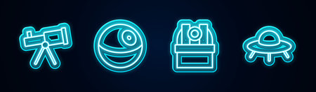 Set line Telescope, Planet, Astronomical observatory and UFO flying spaceship. Glowing neon icon. Vector.のイラスト素材