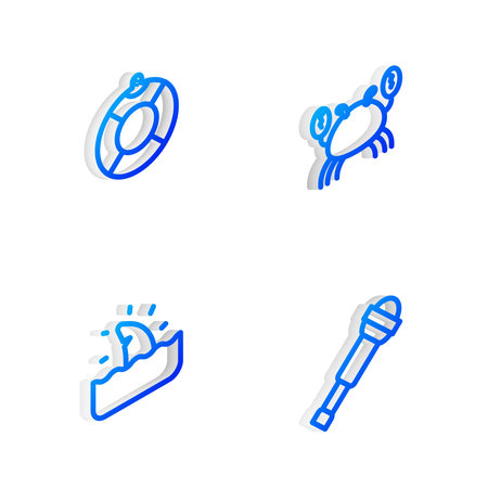 Set Isometric line Crab Lifebuoy Shark fin in ocean wave and Spyglass telescope lens icon. Vector.のイラスト素材