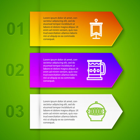 Set line Medieval flag, Wooden mug, iron helmet and Round wooden shield. Business infographic template. Vector.のイラスト素材