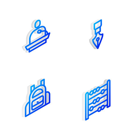 Set Isometric line Fountain pen nib Gives lecture School backpack and Abacus icon. Vector.のイラスト素材