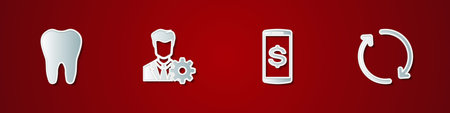 Set Tooth, Profile settings, Smartphone with dollar and Refresh icon. Vector.のイラスト素材
