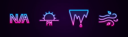 Set line Not applicable, Sunset, Icicle and Wind. Glowing neon icon. Vector.のイラスト素材
