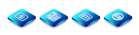 Set Isometric line Record button, Music player, Rewind and Prohibition no video recording icon. Vector.のイラスト素材