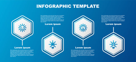 Set line Cute sun with smile, Light bulb gear, Solar energy panel and . Business infographic template. Vector.のイラスト素材