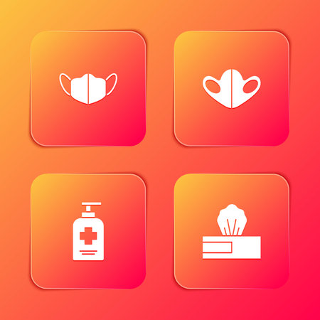 Set Medical protective mask, , Liquid antibacterial soap and Wet wipe pack icon. Vector.のイラスト素材