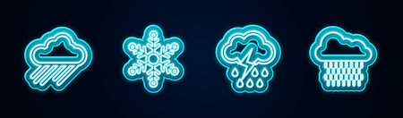 Set line Cloud with rain, Snowflake, and lightning and . Glowing neon icon. Vector.のイラスト素材