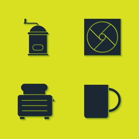 Set Manual coffee grinder, Coffee cup, Toaster with toasts and Ventilation icon. Vector.のイラスト素材