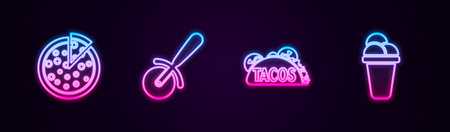 Set line Pizza, knife, Taco with tortilla and Ice cream. Glowing neon icon. Vector.のイラスト素材