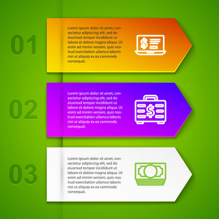 Set line Laptop with dollar, Briefcase and money and Stacks paper cash. Business infographic template. Vector.のイラスト素材