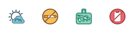 Set Sun and cloud weather, No Smoking, Suitcase and cell phone icon. Vector.のイラスト素材