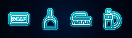 Set line Bar of soap, Dustpan, Brush for cleaning and Dishwashing liquid bottle and plate. Glowing neon icon. Vector.のイラスト素材