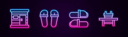 Set line Sauna wooden bathhouse, Flip flops, slippers and bench with bucket. Glowing neon icon. Vector.のイラスト素材