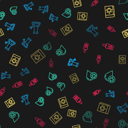 Set line Glass bong for smoking cannabis, Marijuana olive oil, Book and marijuana and on seamless pattern. Vector.のイラスト素材