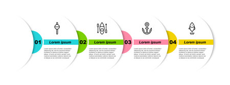 Set line Fishing float, Kayak or canoe, Anchor and lure. Business infographic template. Vector.のイラスト素材