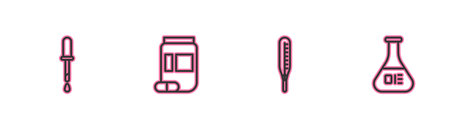 Set line Pipette, Medical thermometer, Medicine bottle and pills and Test tube flask icon. Vector.のイラスト素材