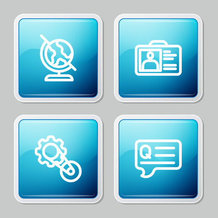 Set line Earth globe Identification badge Timing belt kit and Speech bubbles with Question icon. Vector.のイラスト素材