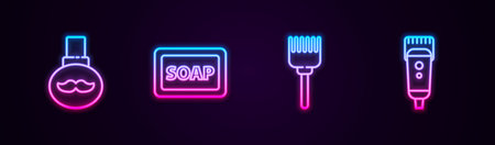 Set line Beard and mustaches care oil bottle, Bar of soap with foam, Hairbrush and Electrical hair clipper or shaver. Glowing neon icon. Vector.のイラスト素材